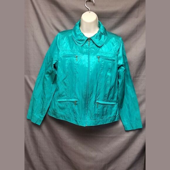 TanJay Emerald Green Crinkle Satin Block Zip Front Jacket Size 8 - Picture 3 of 4